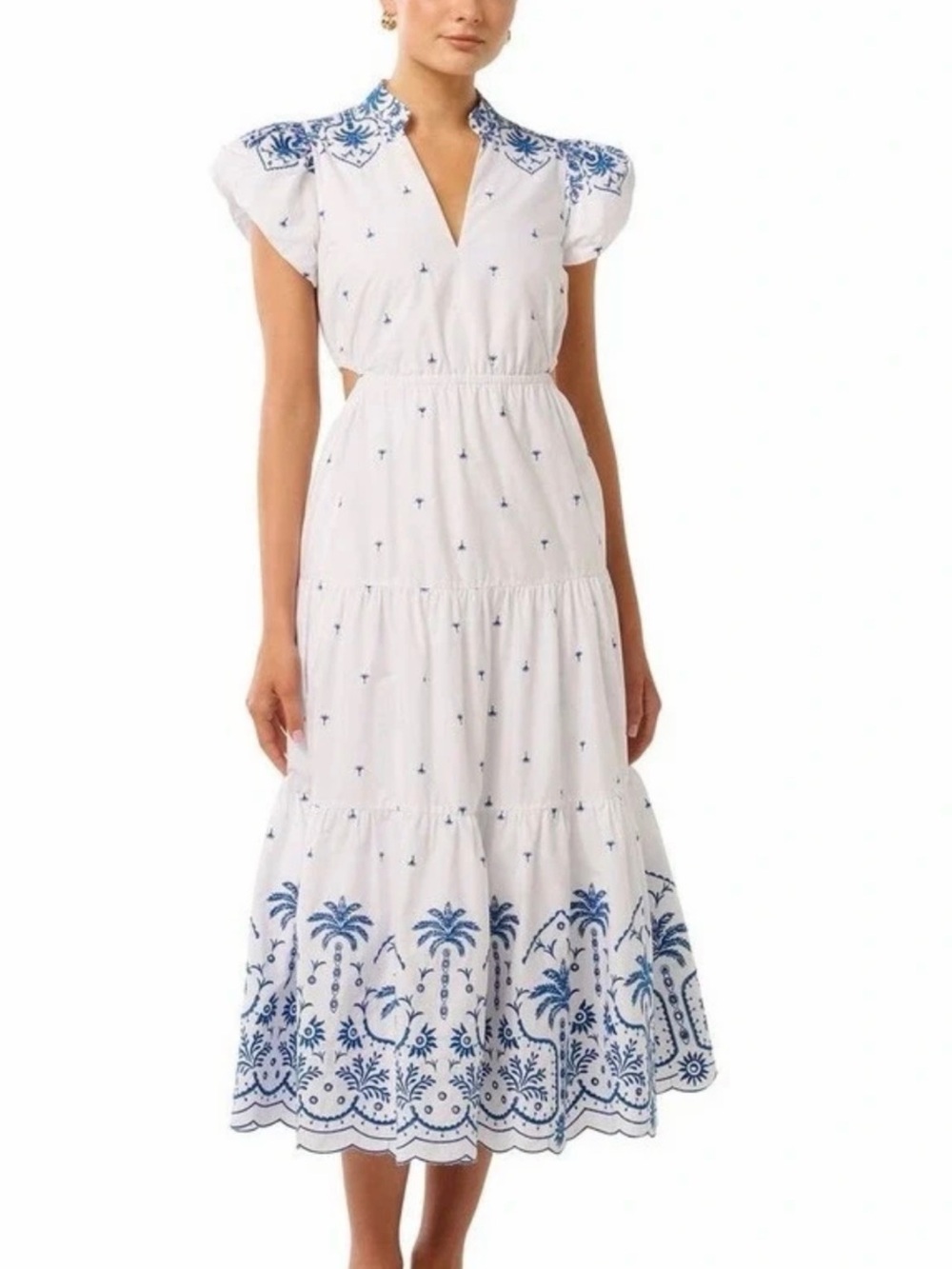 CALYPSO ST BARTH BLUE AND WHITE EMBROIDERY V-NECK MAXI DRESS M NWT - Picture 5 of 15